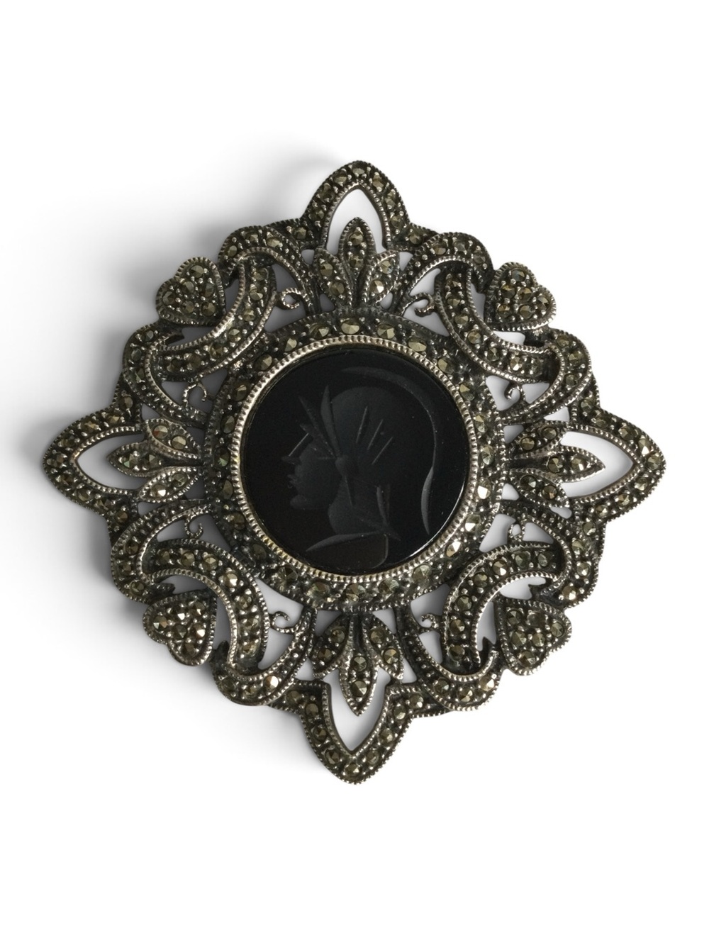 Vintage Judith Jack Sterling Silver Marcasite Intaglio Brooch & Earrings Set - Picture 9 of 13